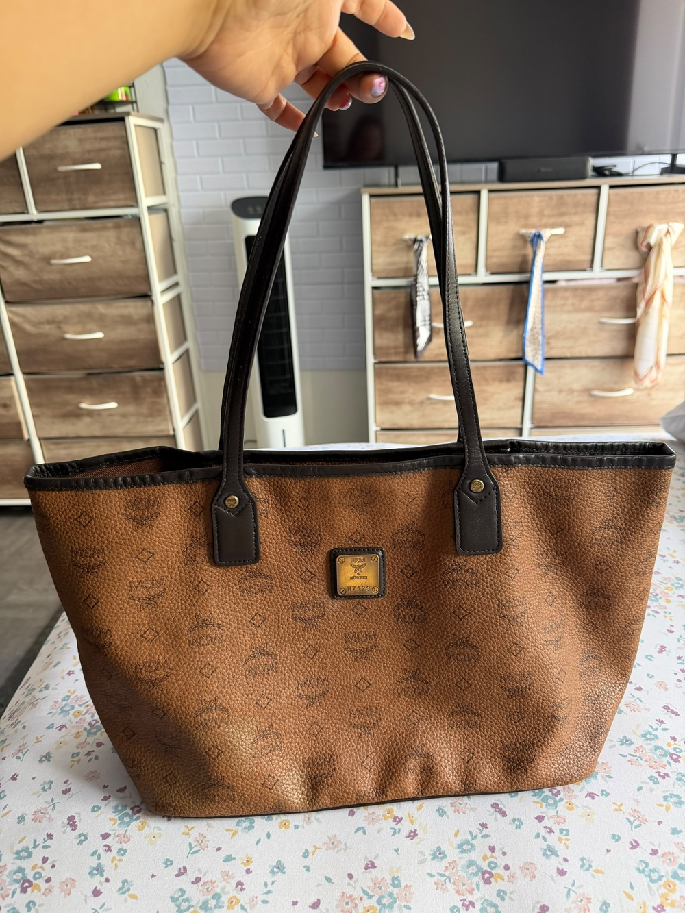 MCM Cognac Brown Monogram Tote with Dark Brown Trim
